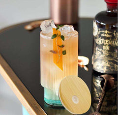 Vertical Stripe Glass Sipper with Wooden Lid & Glass straw 300ml Set of 2