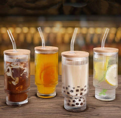 Vertical Stripe Glass Sipper with Wooden Lid & Glass straw 300ml Set of 2