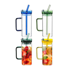 Square Glass Mason Jar with Colour Pp Lid & Straw 400ml Set of 2