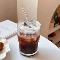 Vertical Stripe Glass Sipper with PP Lid & Glass straw 400ml Set of 2