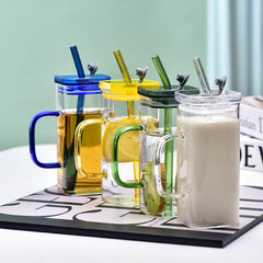 Square Glass Mason Jar with Colour Pp Lid & Straw 400ml Set of 2