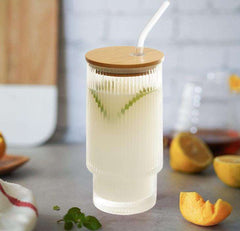 Vertical Stripe Glass Sipper with Wooden Lid & Glass straw 300ml Set of 2