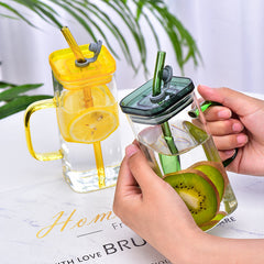 Square Glass Mason Jar with Colour Pp Lid & Straw 400ml Set of 2