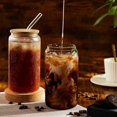 Can Shaped Glass with Wooden Lid & Glass Straw 540ml Set of 6