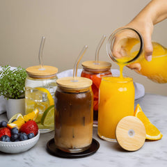 Can Shaped Glass with Wooden Lid & Glass Straw 540ml Set of 6