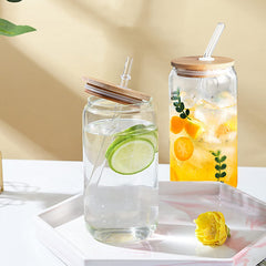 Can Shaped Glass with Wooden Lid & Glass Straw 540ml Set of 6