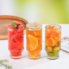 Vertical Stripe Glass Sipper with Wooden Lid & Glass straw 300ml Set of 2