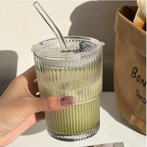 Vertical Stripe Glass Sipper with PP Lid & Glass straw 400ml Set of 2
