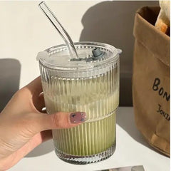 Vertical Stripe Glass Sipper with PP Lid & Glass straw 400ml Set of 2