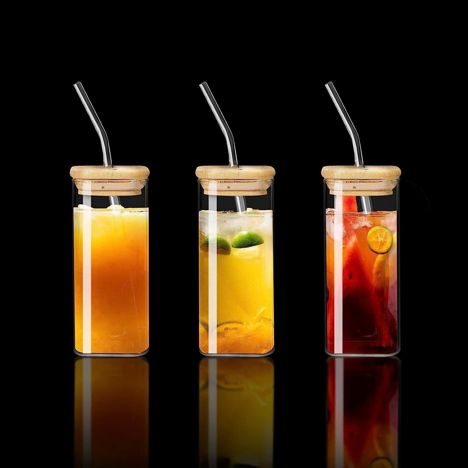 Square Mason Glass Jar with Wooden Lid & Straw 410ml Set of 2