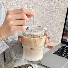 Vertical Stripe Glass Sipper with PP Lid & Glass straw 400ml Set of 2