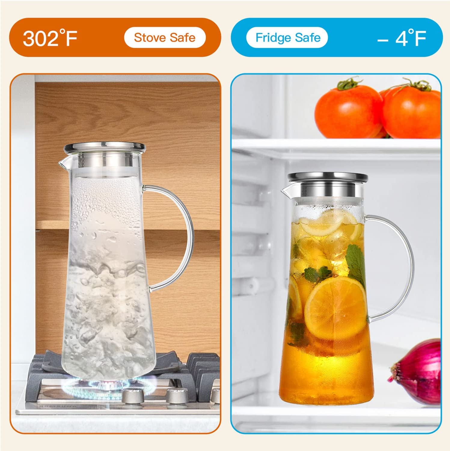 Borosilicate Glass Water Jug with Steel Lid 1.3L
