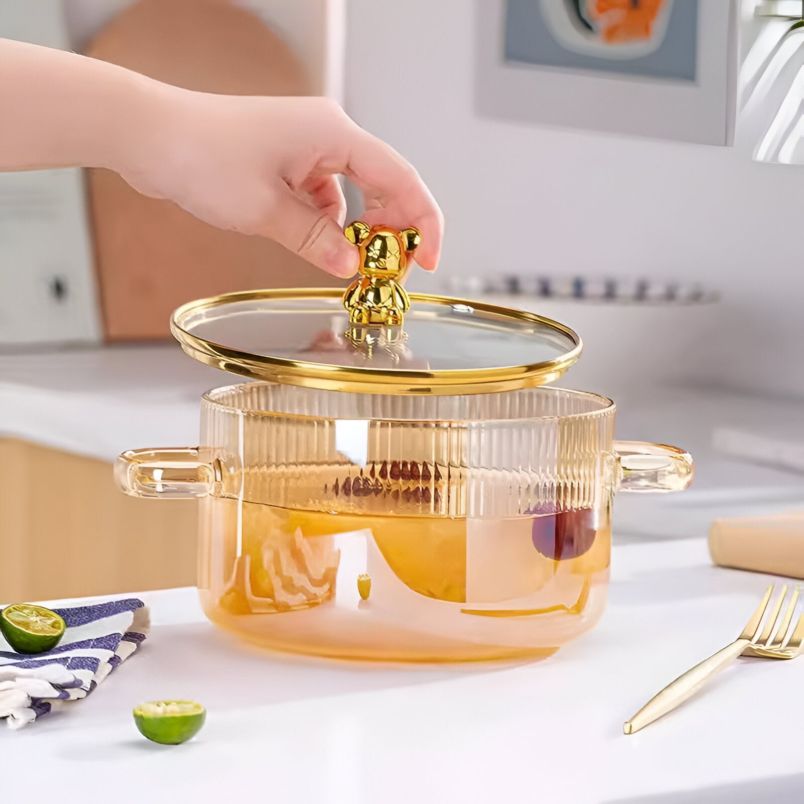Fluted Borosilicate Glass Casserole with Gold Lid 1500ml