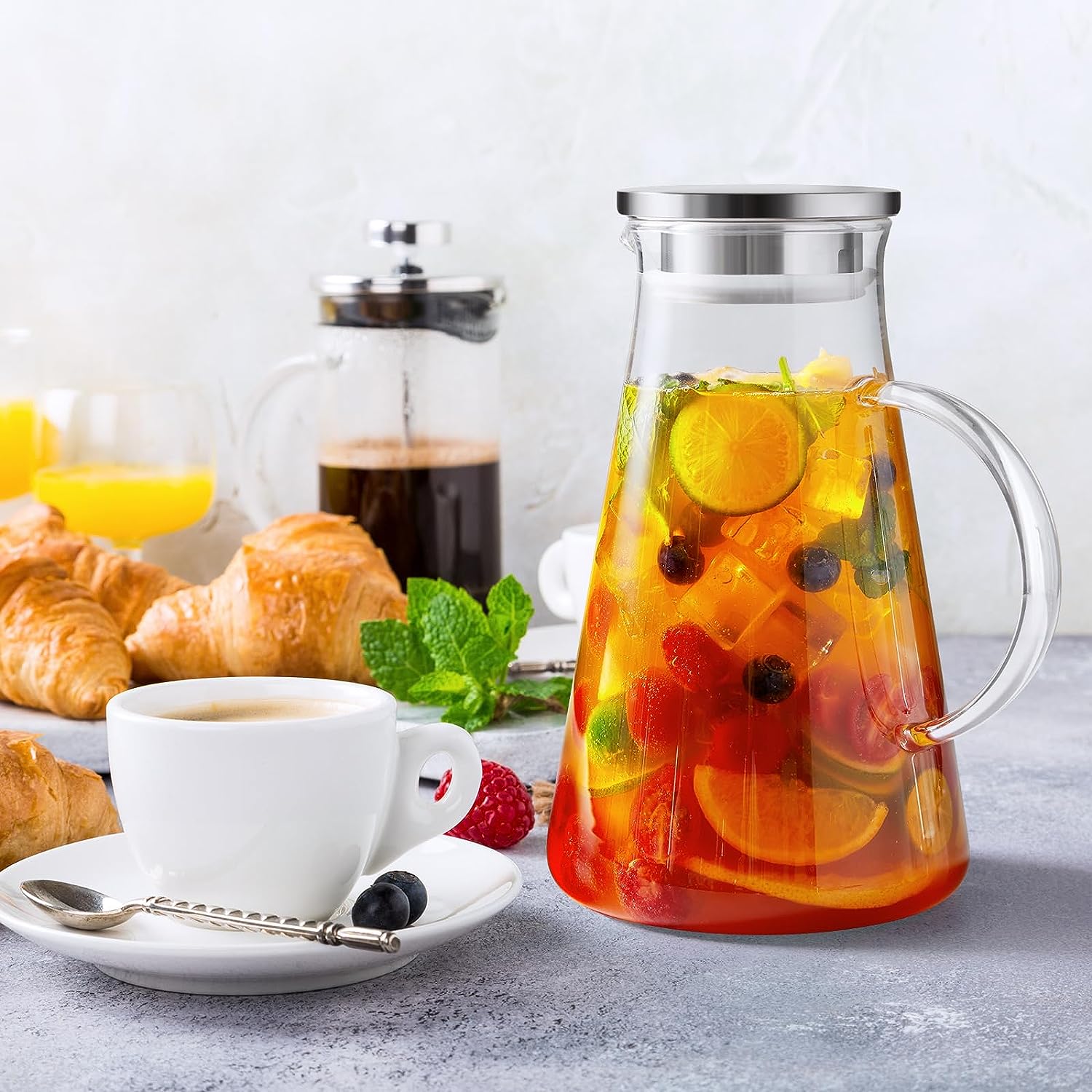 Borosilicate Glass Water Jug with Steel Lid Round Handle 1.8L