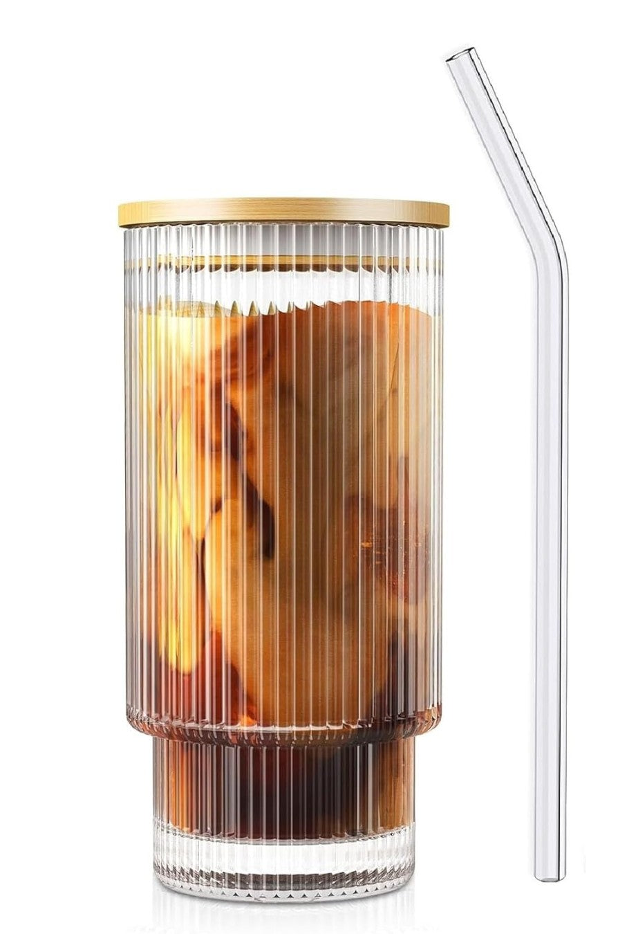 Vertical Stripe Glass Sipper with Wooden Lid & Glass straw 300ml Set of 2
