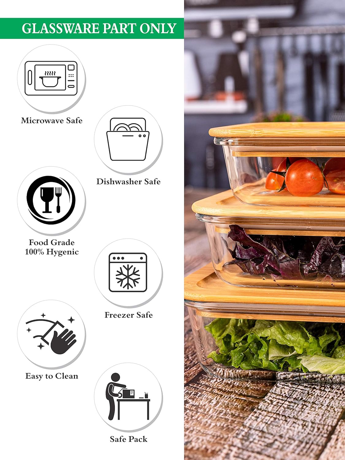 Rectangle Glass Lunch Box Set of 3 with Wooden Lid (370ml, 640ml, 1040ml)