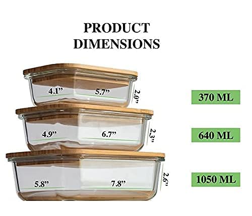Rectangle Glass Lunch Box Set of 3 with Wooden Lid (370ml, 640ml, 1040ml)