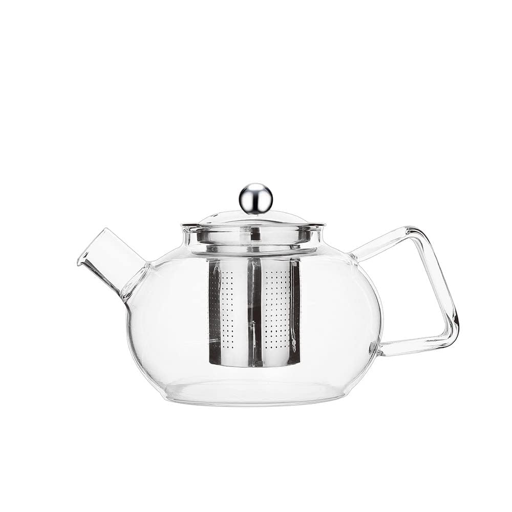Round Borosilicate Glass Kettle 1000ml with Wide Spout & Stainless Steel Strainer
