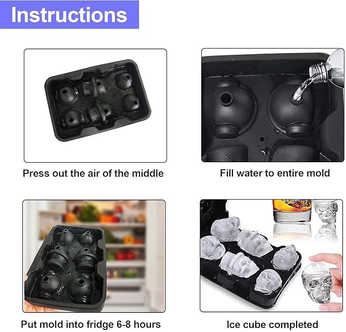 Silicone 3D Skull Ice Mould 6 Grid Tray with Lid