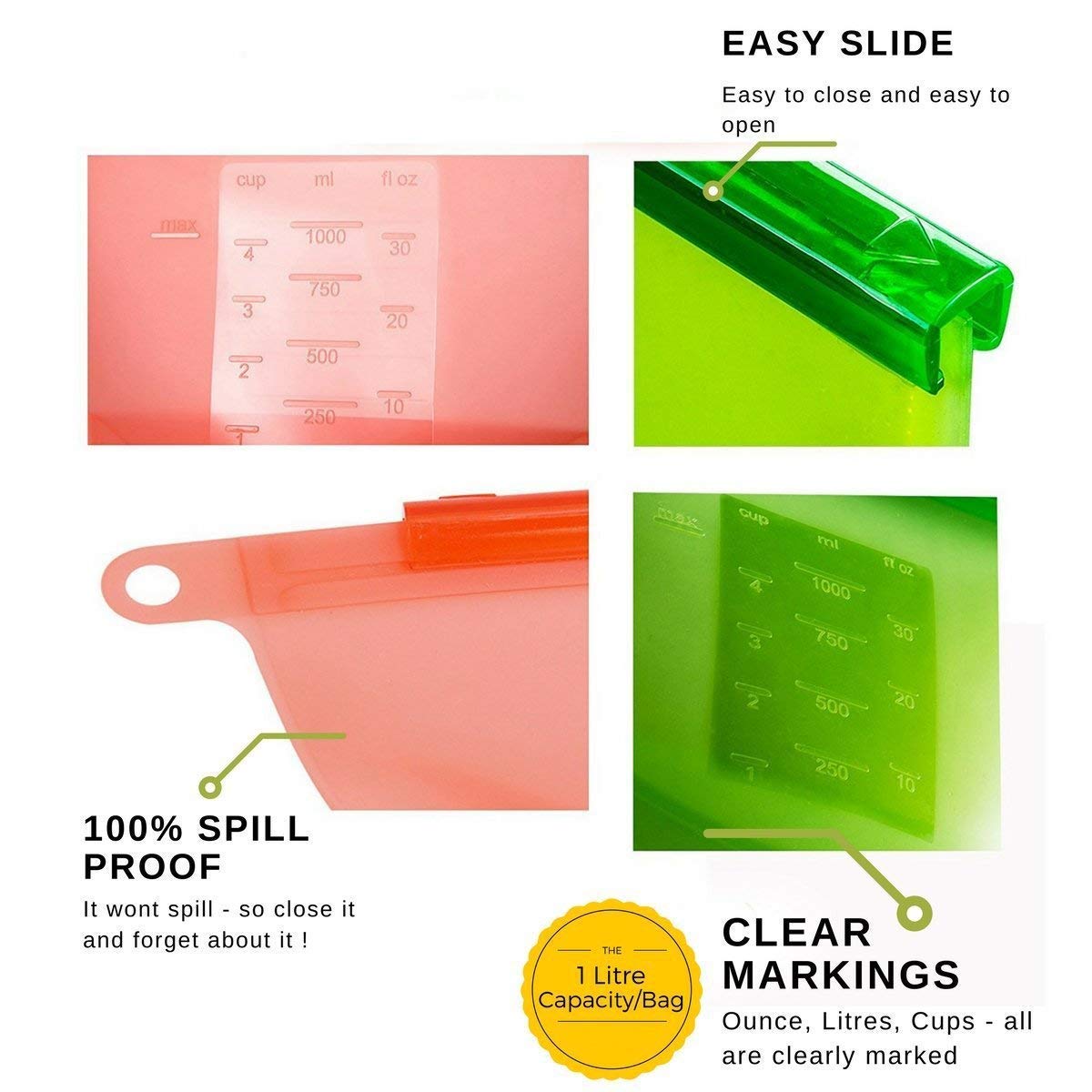 Silicone Food Storage Bags 1000ml Set of 5