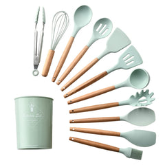 Silicone Wooden Spatula with stand Set of 11 pcs