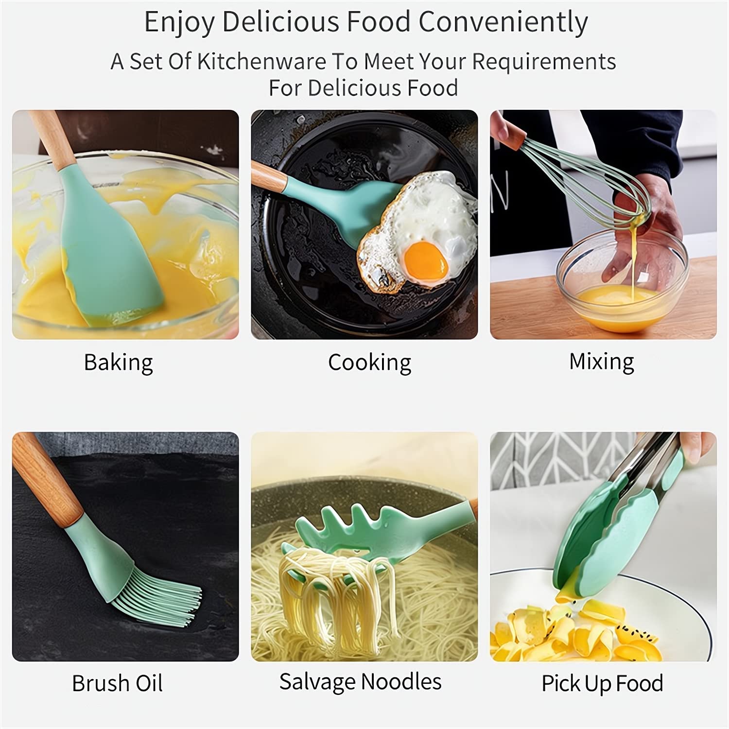 Silicone Wooden Spatula with stand Set of 11 pcs