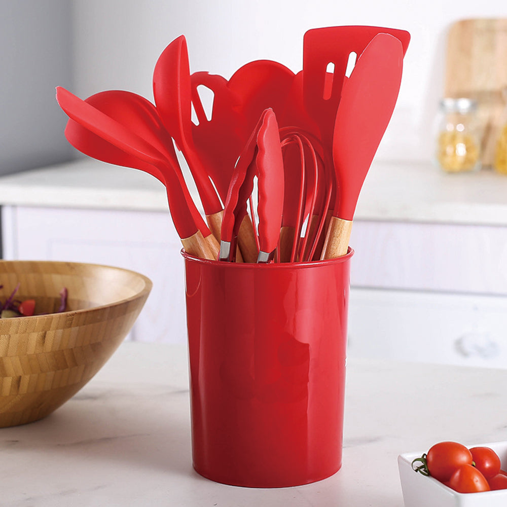 Silicone Wooden Spatula with stand Set of 11 pcs