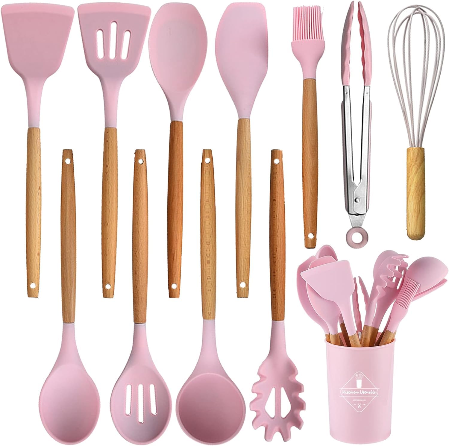Silicone Wooden Spatula with stand Set of 11 pcs