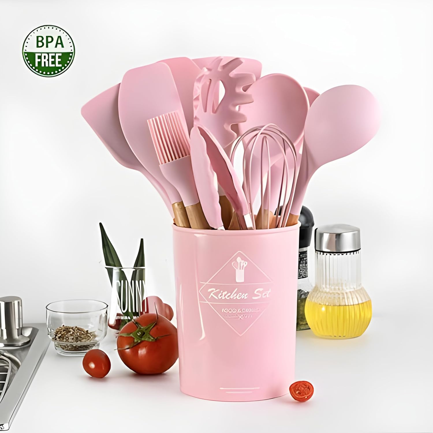 Silicone Wooden Spatula with stand Set of 11 pcs