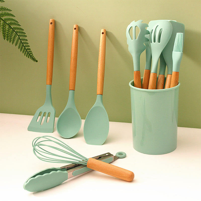 Silicone Wooden Spatula with stand Set of 11 pcs
