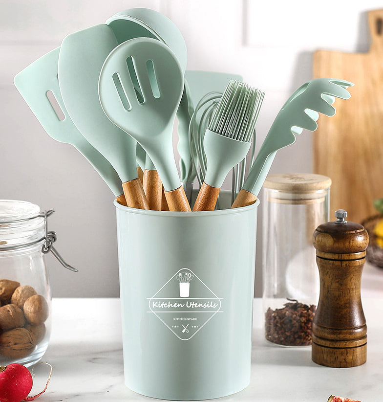 Silicone Wooden Spatula with stand Set of 11 pcs
