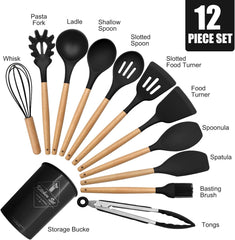 Silicone Wooden Spatula with stand Set of 11 pcs