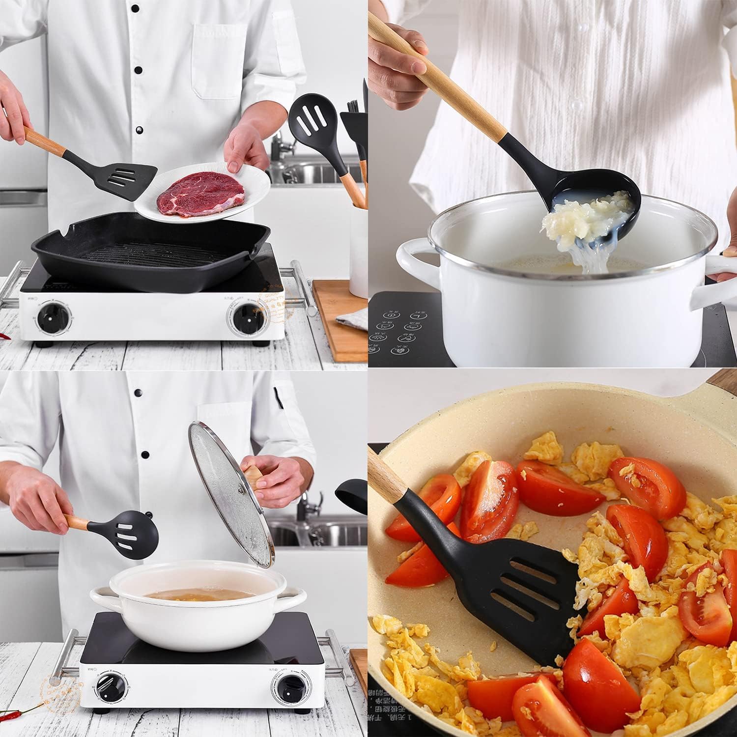 Silicone Wooden Spatula with stand Set of 11 pcs