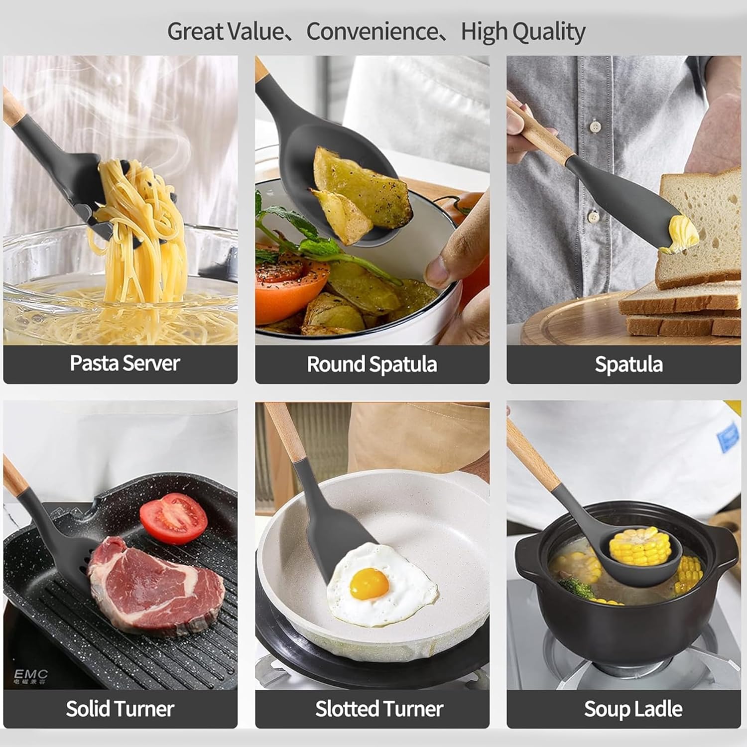 Silicone Wooden Spatula with stand Set of 11 pcs