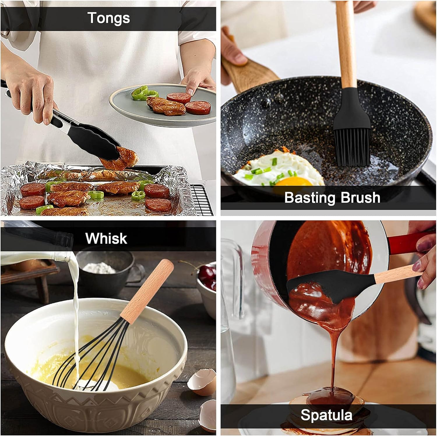 Silicone Wooden Spatula with stand Set of 11 pcs