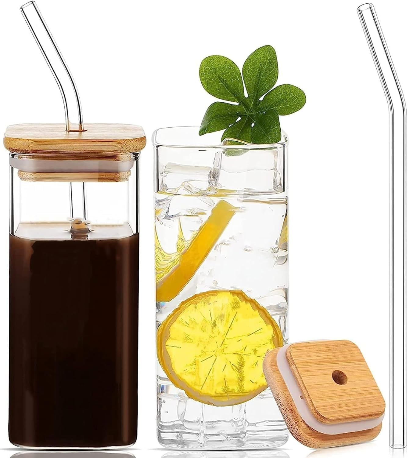 Square Mason Glass Jar with Wooden Lid & Straw 410ml Set of 2