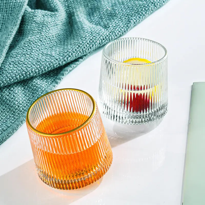 Crystal Rolling Ribbed Glass with Gold line 165ml Set of 6