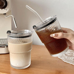 Vertical Stripe Glass Sipper with PP Lid & Glass straw 400ml Set of 2