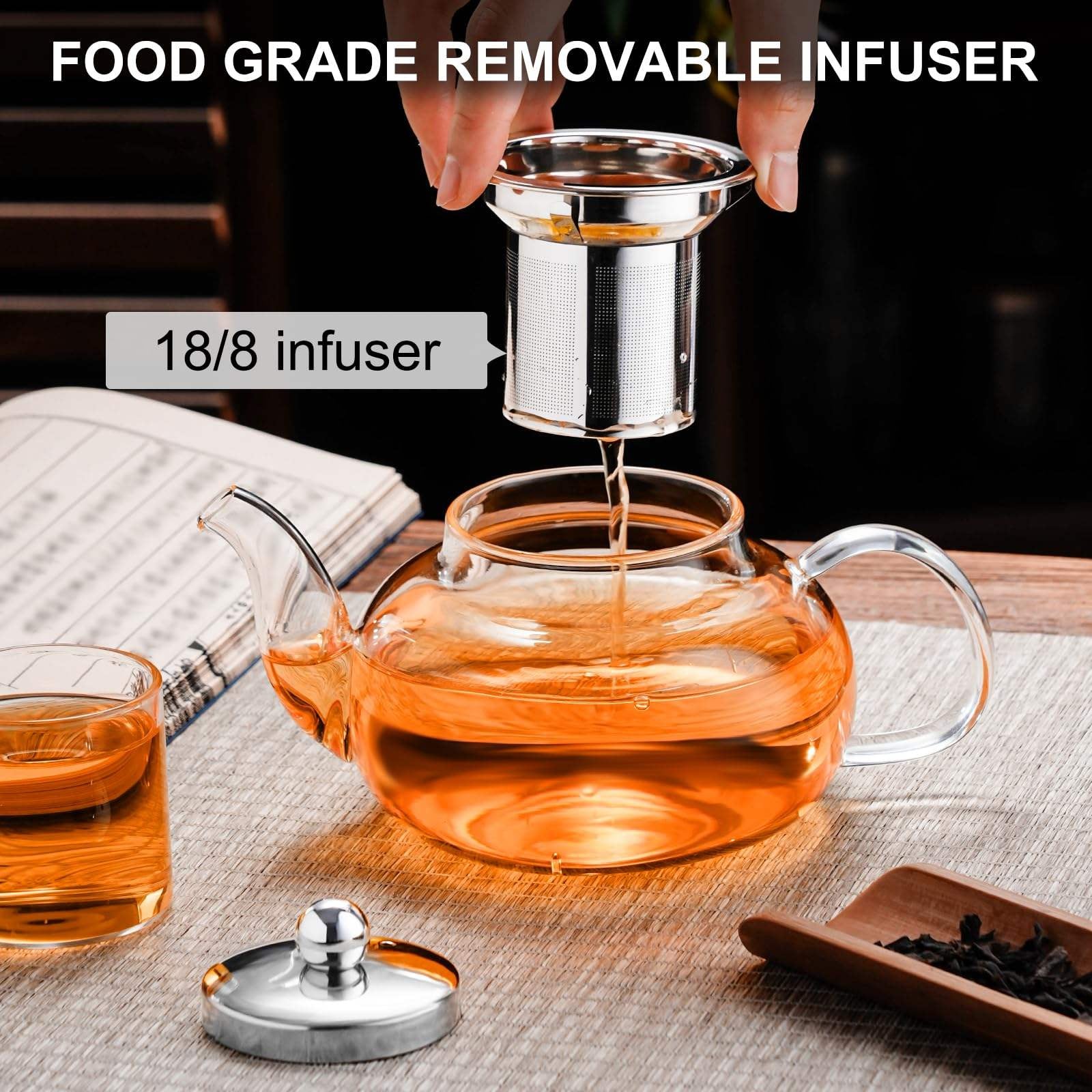 Round Borosilicate Glass Kettle with Stainless Steel Strainer 1000ml