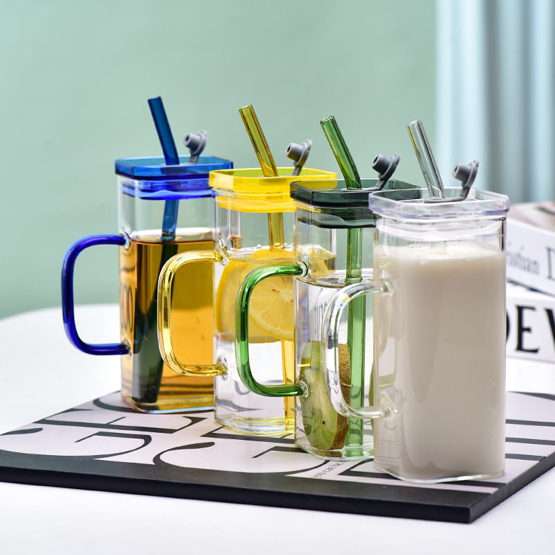 Square Glass Mason Jar with Colour Pp Lid & Straw 400ml Set of 2