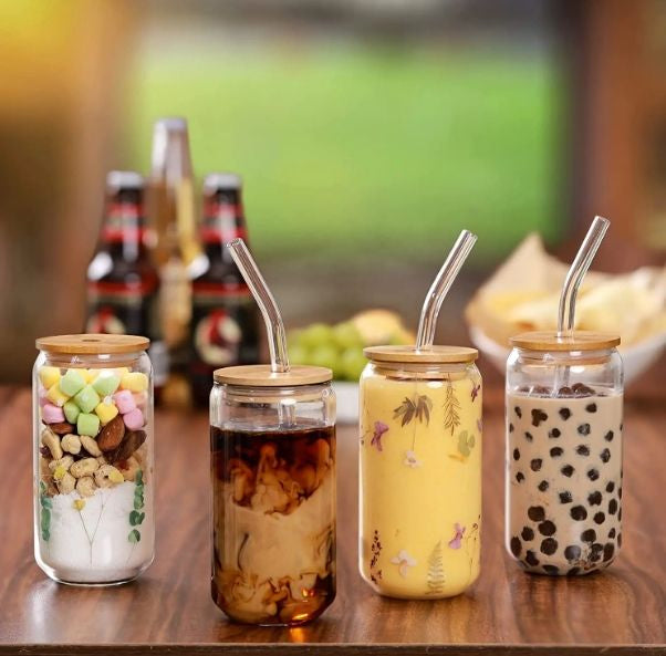 Can Shaped Glass with Wooden Lid & Glass Straw 540ml Set of 6