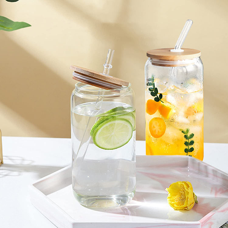 Can Shaped Glass with Wooden Lid & Glass Straw 540ml Set of 6
